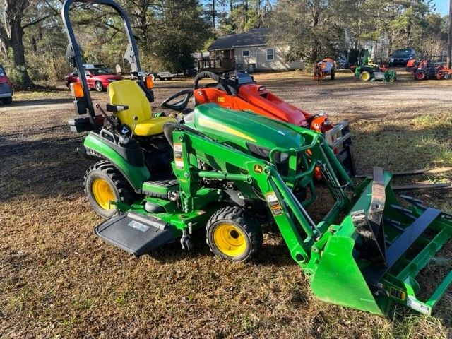 USED JD1025 with Loader, Belly Mpower, Forks, and Root Rake